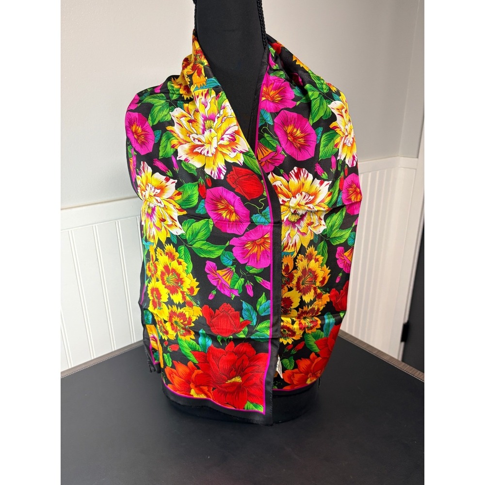 Adrienne Vittadini Vintage Silk Scarf Black Floral Print Made in Japan 52x11